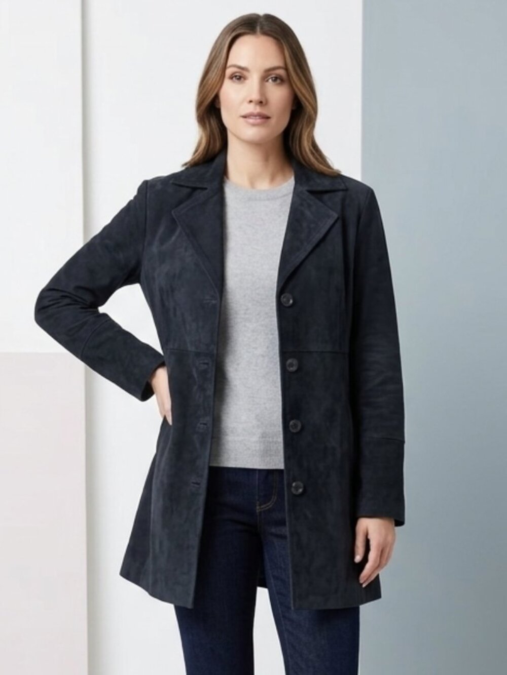 Bernardo Black Genuine Suede Button Front Mid-Length Coat L